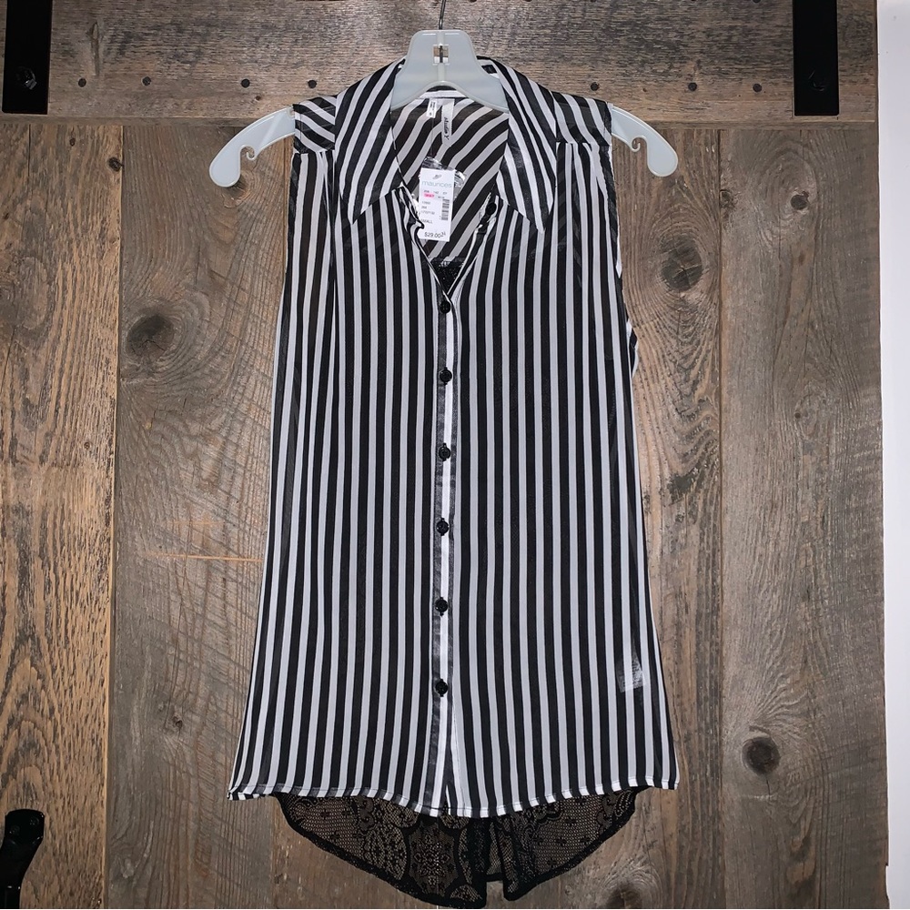 Women’s S STUDIO Y MAURICES Black White Striped Dressy Collared Lace Back Shirt